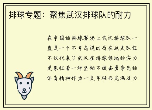 排球专题：聚焦武汉排球队的耐力