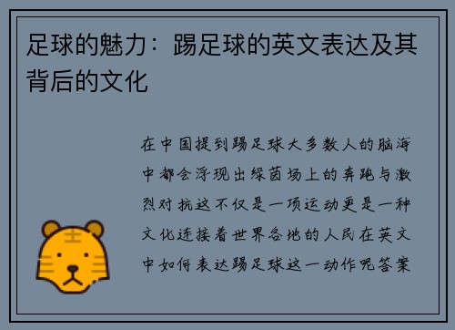 足球的魅力：踢足球的英文表达及其背后的文化