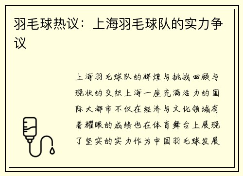 羽毛球热议：上海羽毛球队的实力争议