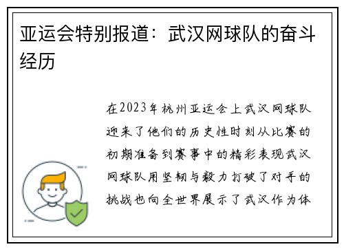 亚运会特别报道：武汉网球队的奋斗经历